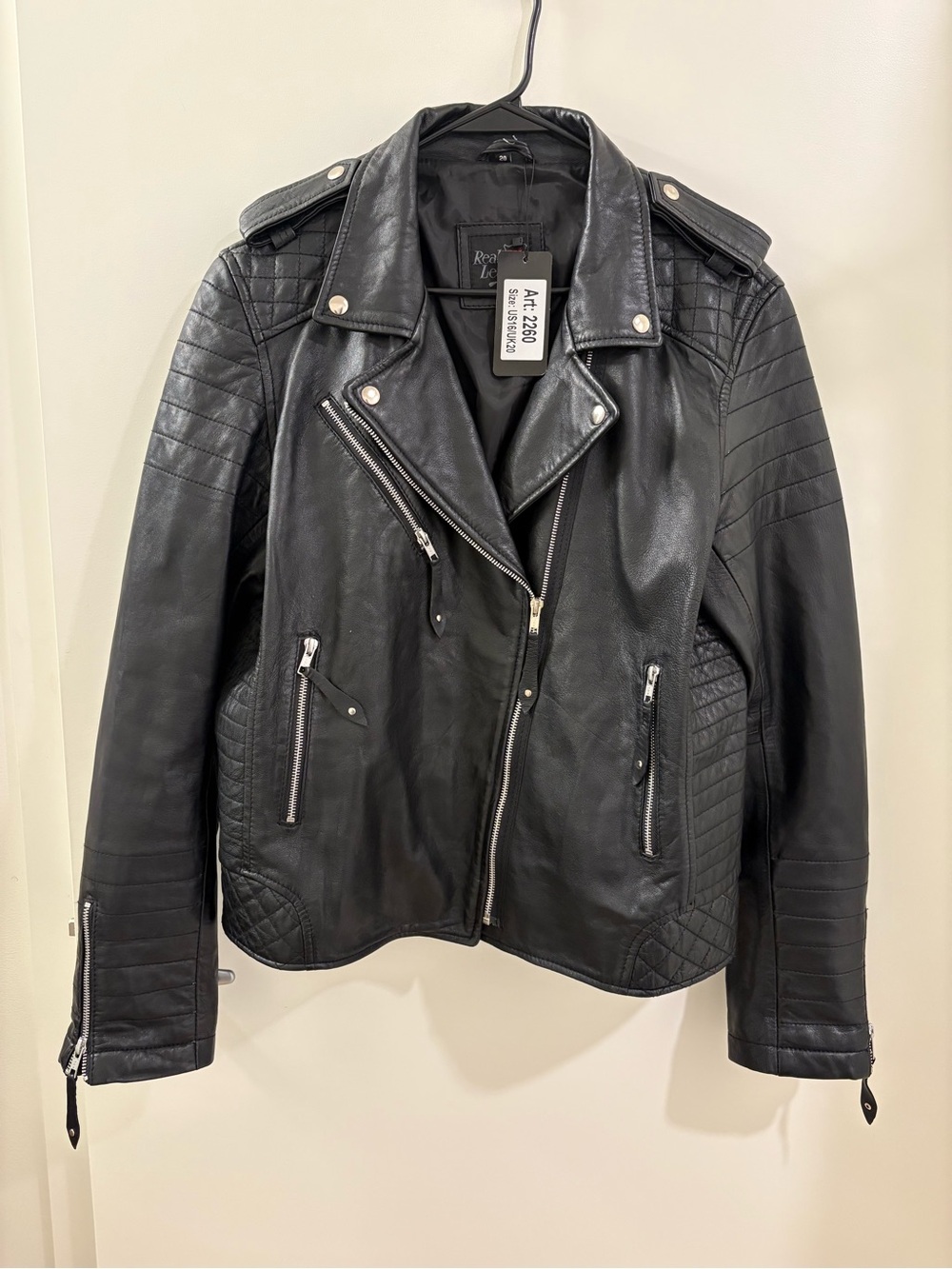 NWT Real Leather Black Quilted Moto Biker Jacket US 16